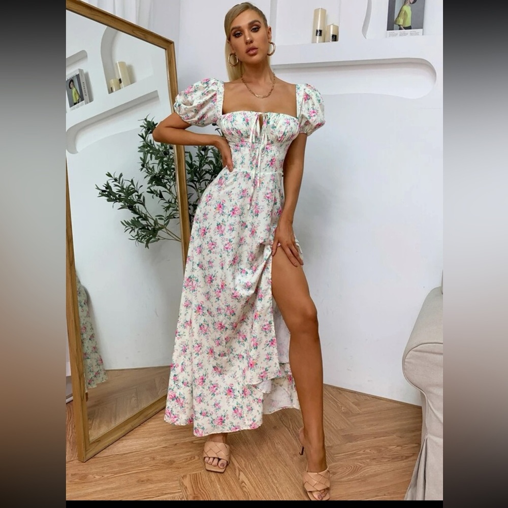 PARTHEA Puff Sleeve High Split Floral Print Dress